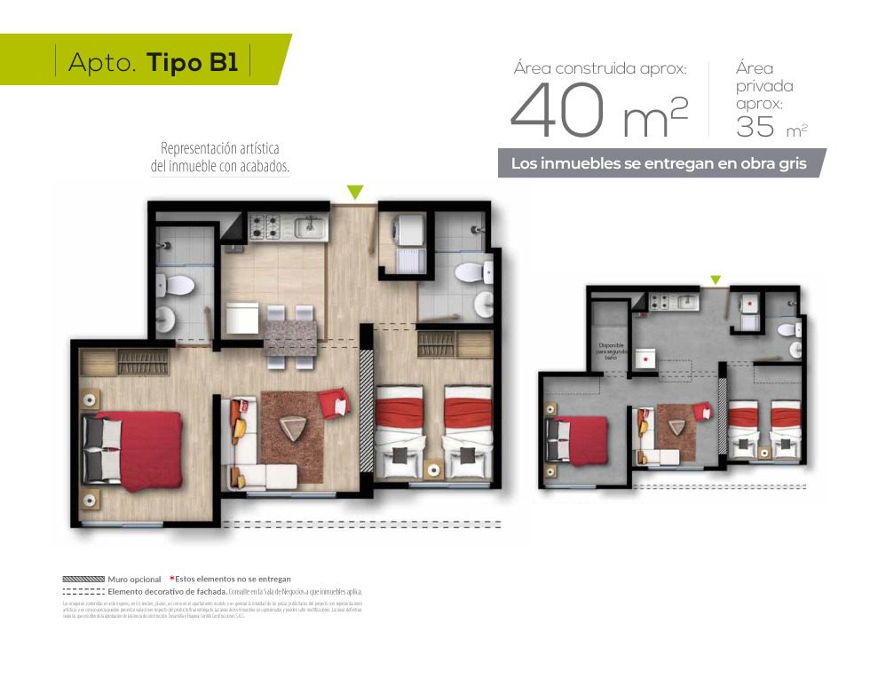 TIPO B1
 
  
   Área construida aprox.:
   40  m2
  
  
   Área privada aprox:
   35  m2
  
 


Recorrido 360°