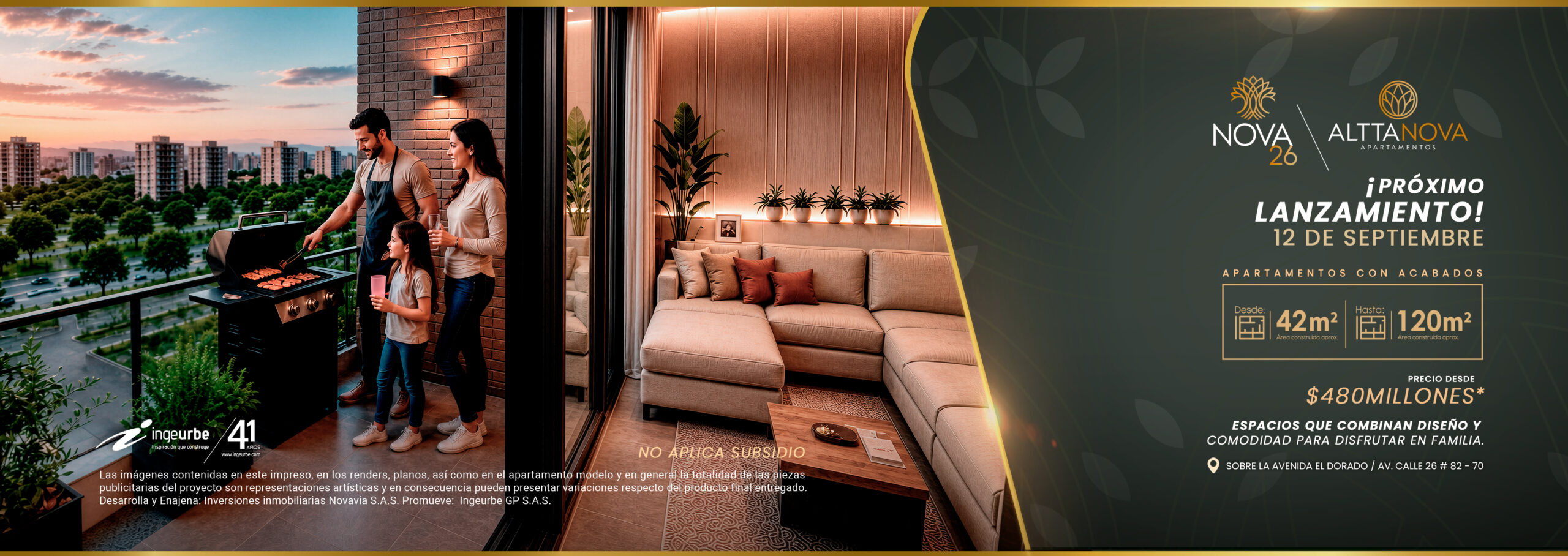 Apartamentos AlttaNova Nova 26 – Próximo lanzamiento 12 de septiembre. Desde 42m² hasta 120m², precio desde $480 millones. Ubicados sobre la Avenida El Dorado, Av. Calle 26 # 82-70, Bogotá.