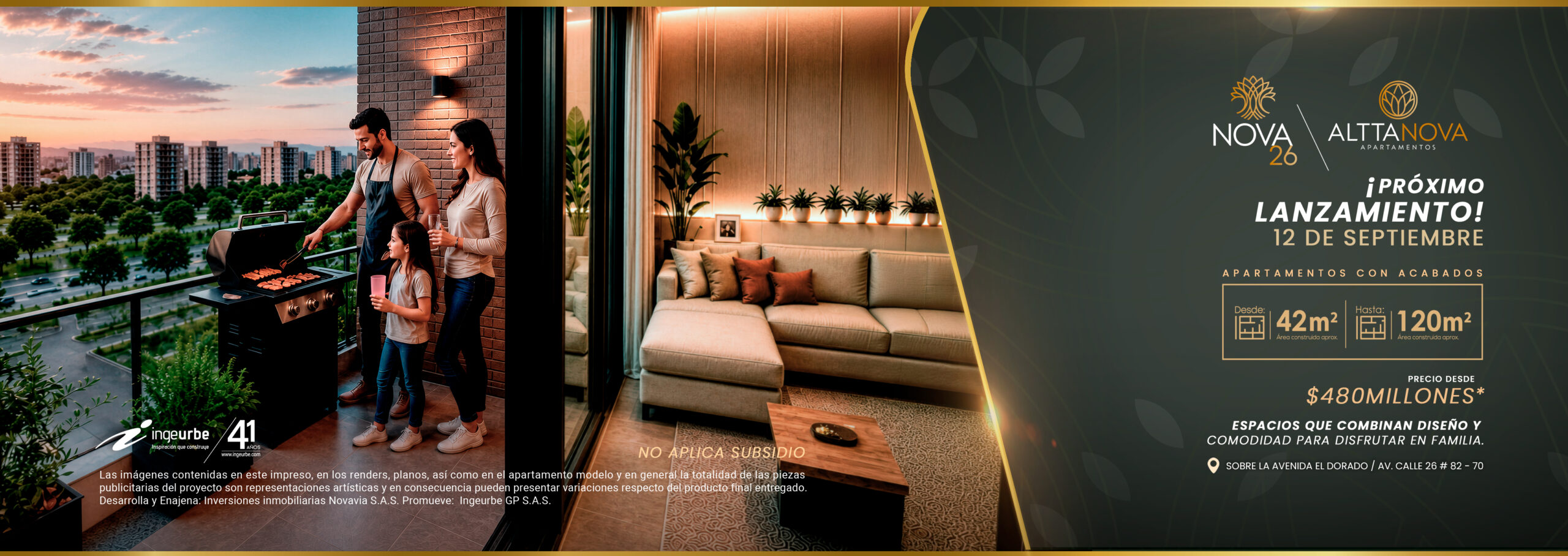 Banner lanzamiento AlttaNova Apartamentos - Próximo lanzamiento 12 de septiembre - Apartamentos con acabados desde 42m² hasta 120m² desde $480 millones - Av. Calle 26 #82-70, Bogotá