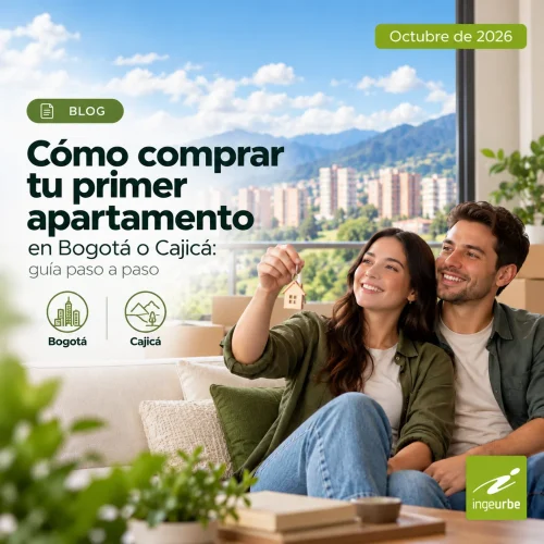 Pareja sosteniendo las llaves de su primer apartamento en Bogotá o Cajicá, con vista a edificios y montañas